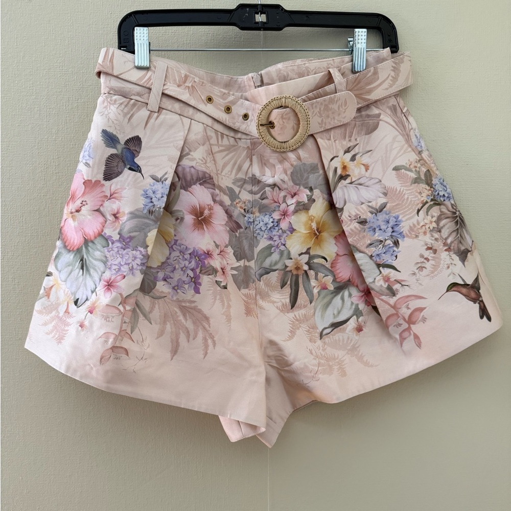 Zimmermann Tropical Floral Belted Linen Tuck Shorts - Picture 2 of 8